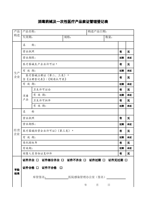 消毒药械及一次性医疗产品索证管理登记表