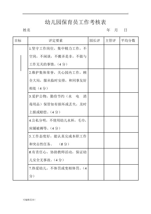 幼儿园保育员工作考核表