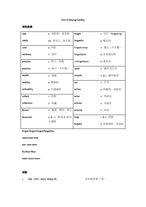 牛津上海版六年级第二学期 Unit 4 Staying healthy 知识梳理