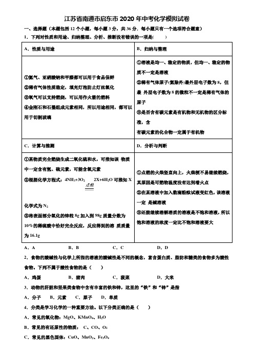 【附20套中考模拟试卷】江苏省南通市启东市2020年中考化学模拟试卷含解析