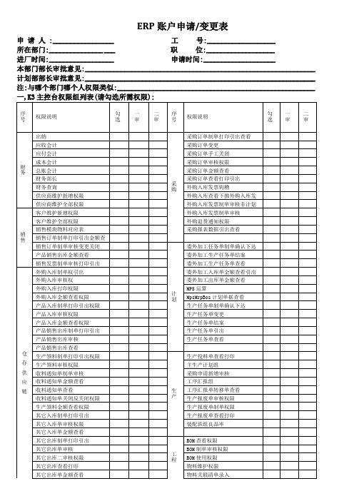 ERP账户申请及变更表