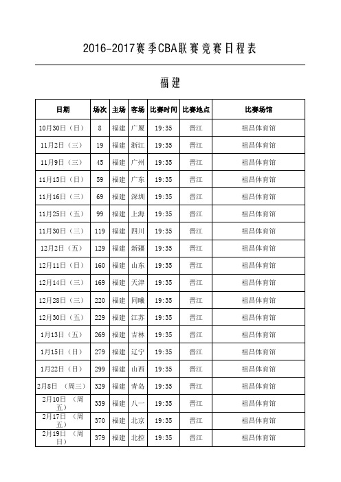 2016-2017赛季CBA联赛 福建 竞赛日程表