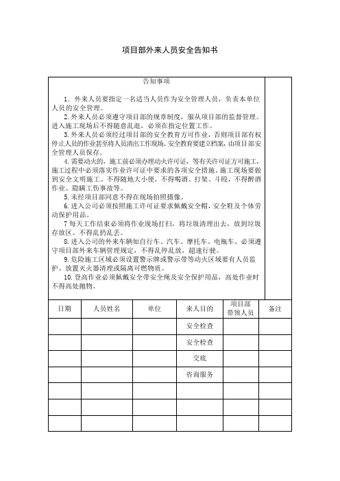 项目部外来人员安全告知书、劳保用品领用表