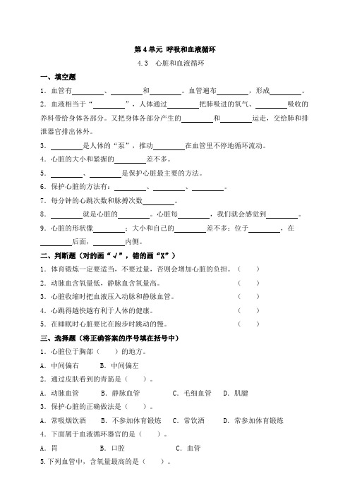 【科学苏教版】五年级上册第4.3课心脏和血液循环一课一练(含答案)