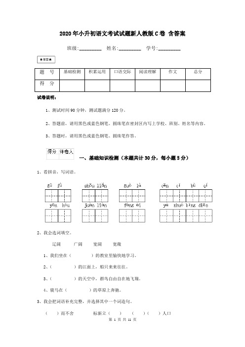 2020年小升初语文考试试题新人教版C卷 含答案