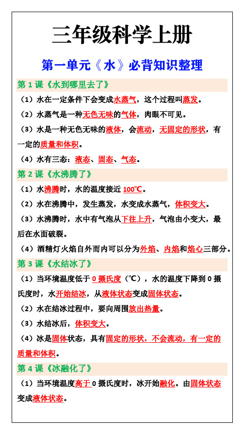 小学三年级上册科学第一单元《水》必背知识整理