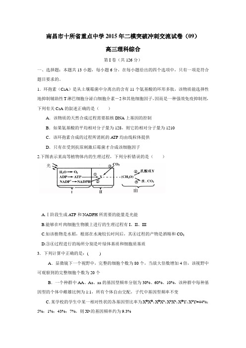 江西省南昌市十所省重点中学命制2015届高三第二次模拟突破冲刺(九)理综试题(附答案)$570432