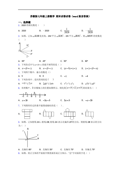 苏教版七年级上册数学 期末试卷试卷(word版含答案)