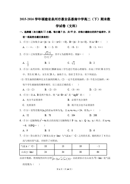 2015-2016学年福建省泉州市惠安县惠南中学高二(下)期末数学试卷(文科)(解析版)