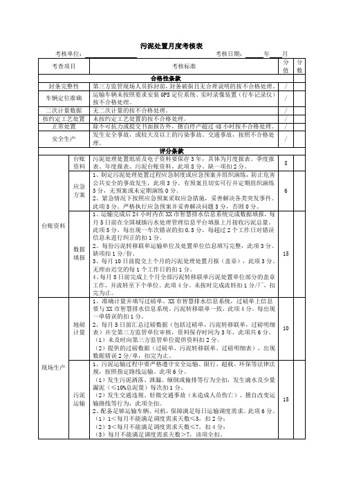 污泥处置月度考核表