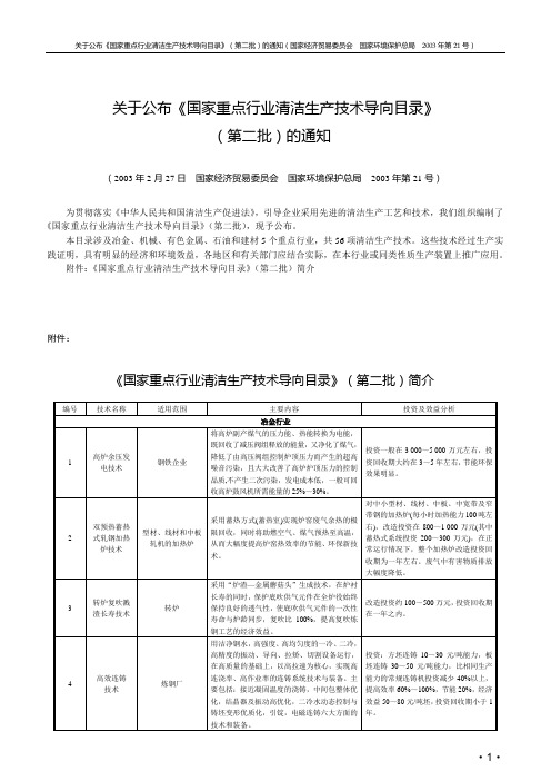 关于公布《国家重点行业清洁生产技术导向目录》(第二批) 国家环境保护总局  2003年第21号