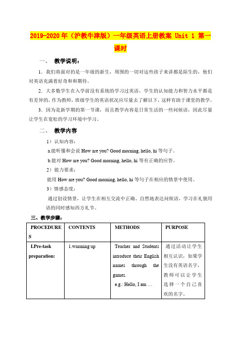 2019-2020年(沪教牛津版)一年级英语上册教案 Unit 1 第一课时