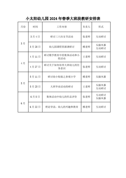 大班段教研活动计划表