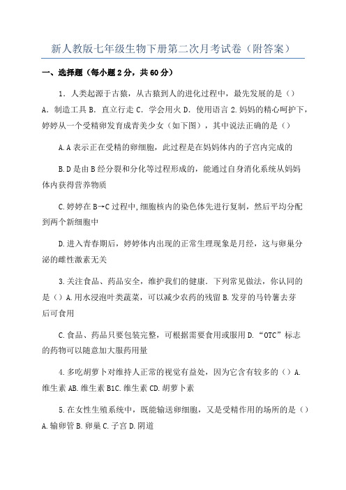 新人教版七年级生物下册第二次月考试卷(附答案)