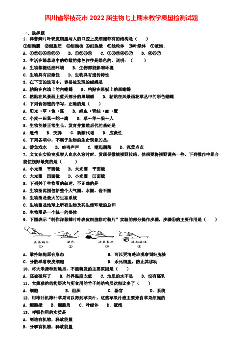 四川省攀枝花市2022届生物七上期末教学质量检测试题