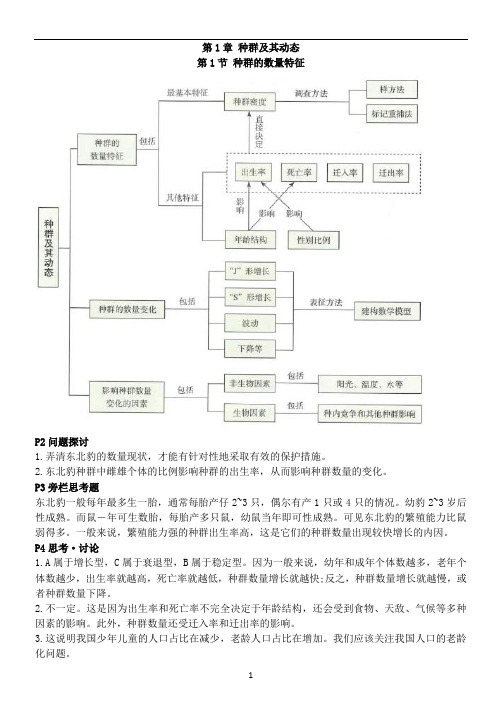 人教版生物选择性必修二书后题问题探讨等答案