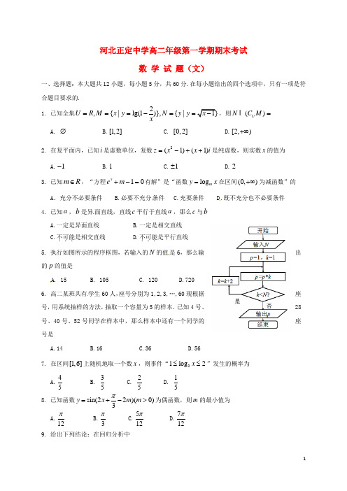 河北省正定中学高二数学上学期期末考试试题 文