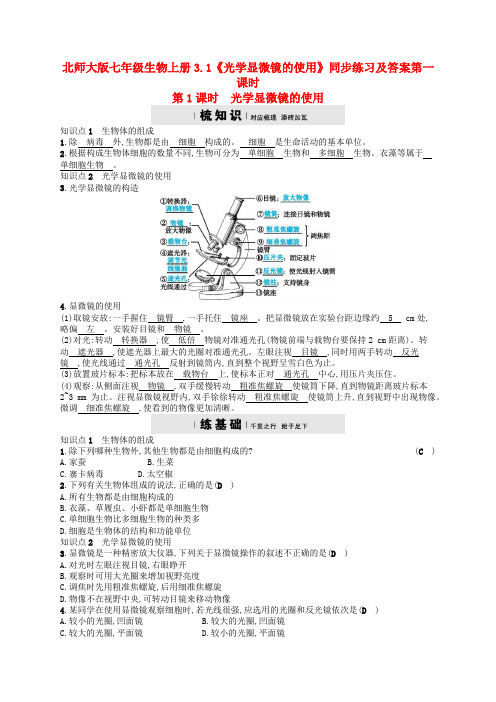 北师大版七年级生物上册3-1《光学显微镜的使用》同步练习及答案第一课时