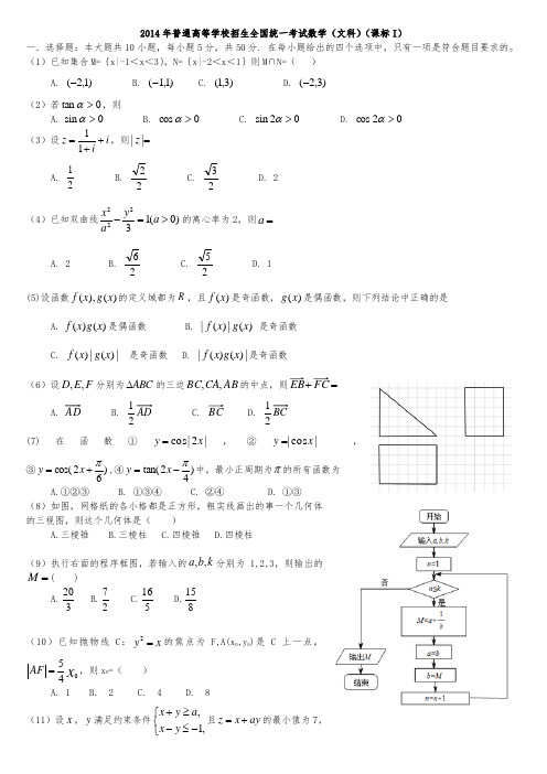 2014年全国高考文科数学试题及答案-新课标1