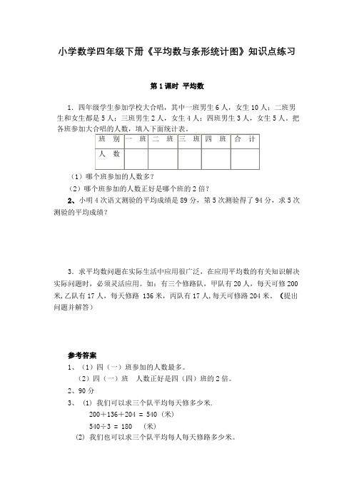 人教版小学数学四年级下册《平均数与条形统计图》知识点练习含答案