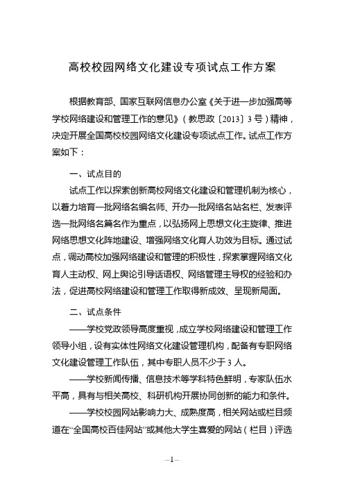 高校校园网络文化建设专项试点工作方案