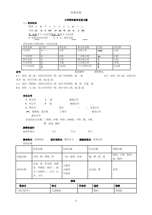 小学四年级下册音乐复习题