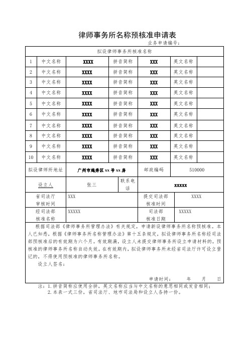 律师事务所名称预核准申请表(模板)