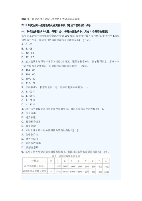 2010年一级建造师真题经济答案