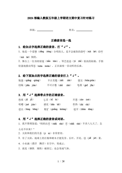 2024部编人教版五年级上学期语文期中复习针对练习