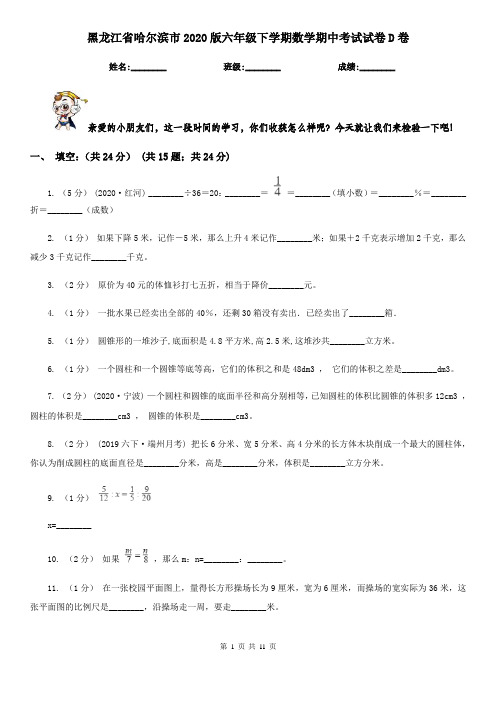 黑龙江省哈尔滨市2020版六年级下学期数学期中考试试卷D卷