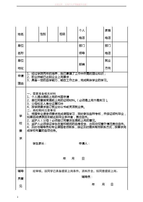 材料工程系毕业生提前离校上岗审批表(需要正反面打印)