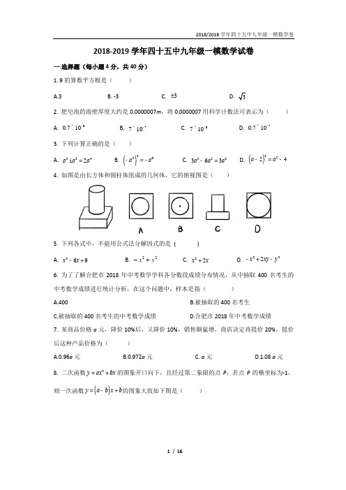 2018-2019学年四十五中九年级一模数学试卷