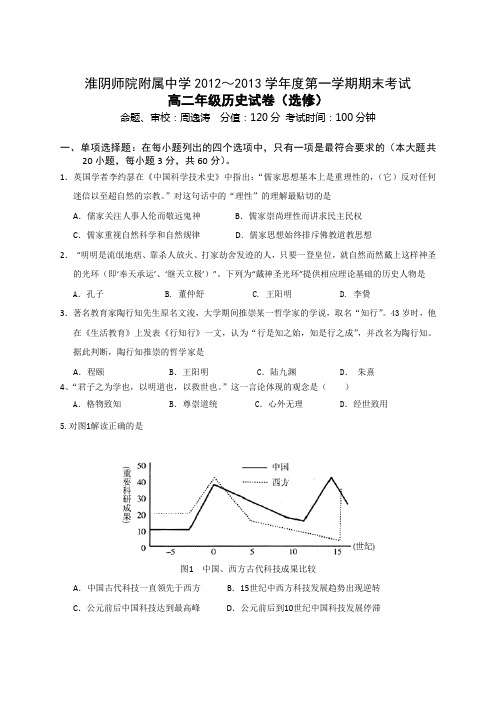 江苏省淮阴师院附中2012-2013学年高二上学期期末考试历史试题(选修班) Word版含答案