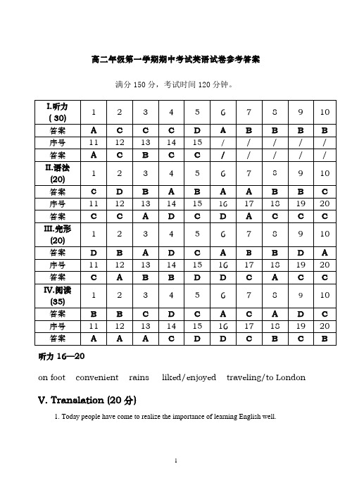 高二年级第一学期期中考试英语试卷参考答案