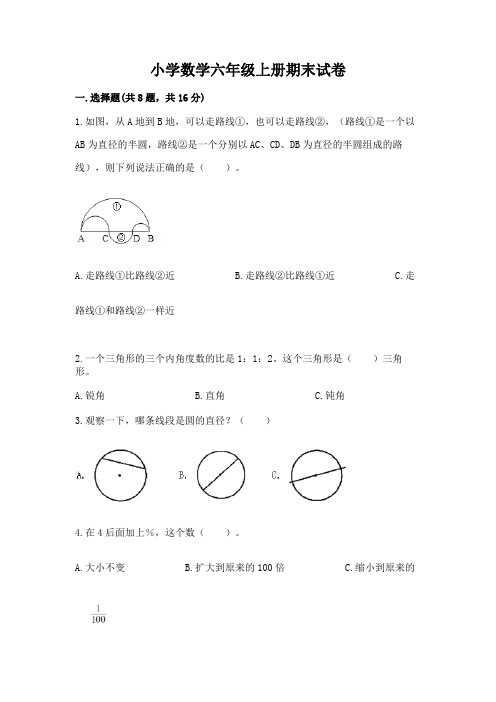 小学数学六年级上册期末试卷及完整答案(有一套)