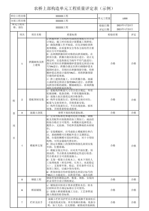 农桥上部构造单元工程质量评定表(示例)