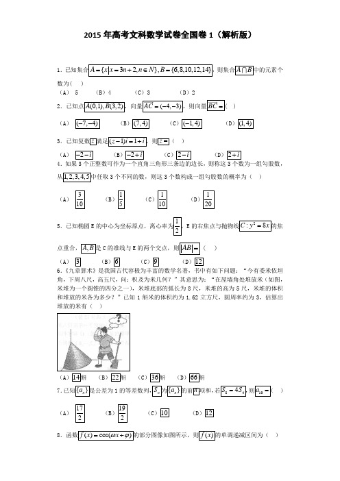 2015年高考文科数学试卷全国卷1(解析版)