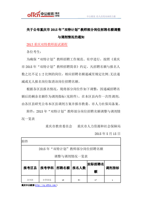 关于公布重庆市2015年“双特计划”教师部分岗位招聘名额调整与调剂情况的通知