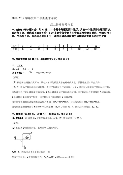 2019年春季学期高高二物理期末考试答案