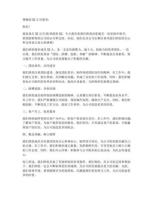 班组星级申请书范文模板