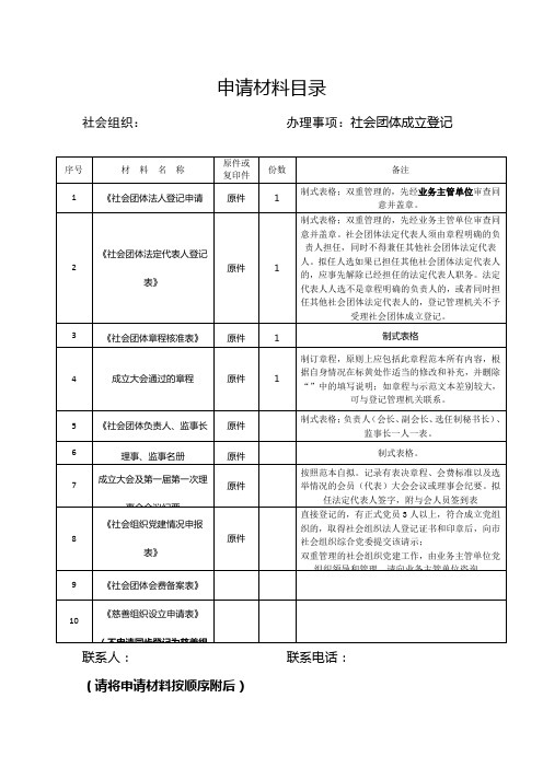 申请材料目录(社会团体成立登记)