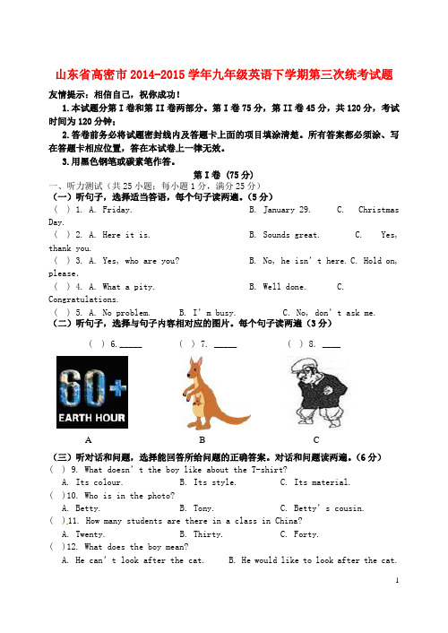 山东省高密市2014-2015学年九年级英语下学期第三次统考试题