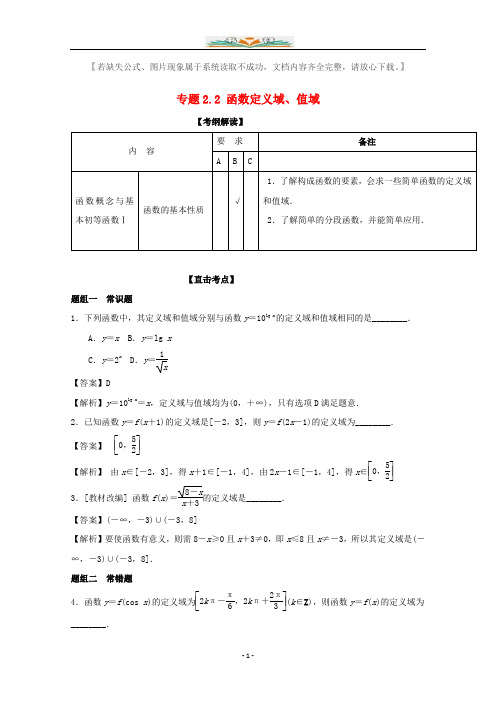 江苏版高考数学一轮复习：专题2.2函数定义域、值域讲解附答案.doc