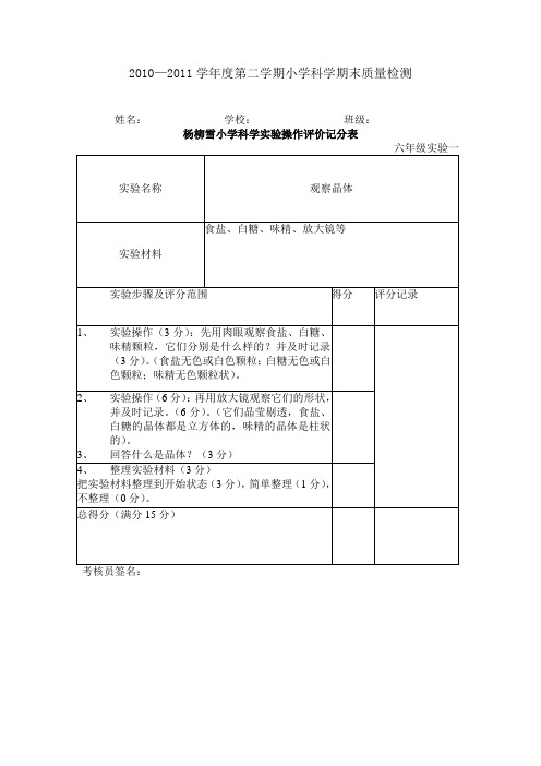 小学科学实验六年级下学期考核标准