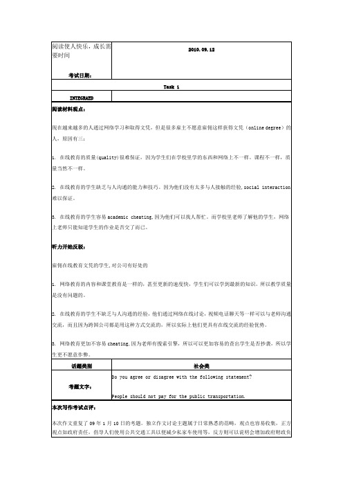 2010年9月12日托福考试写作机经回顾