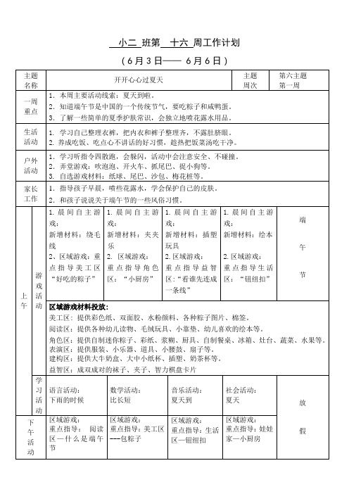 小二班第十六周工作计划