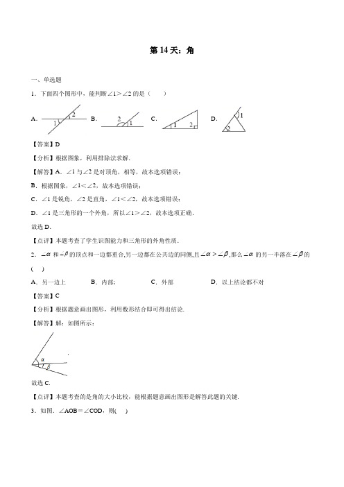 第14天：角-2020-2021学年七年级数学上下册衔接培优练习(人教版)(解析版)