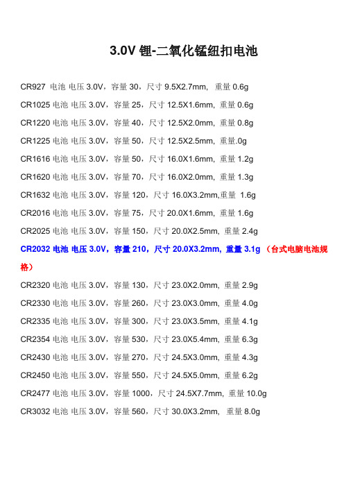 锂锰环保纽扣电池规格表