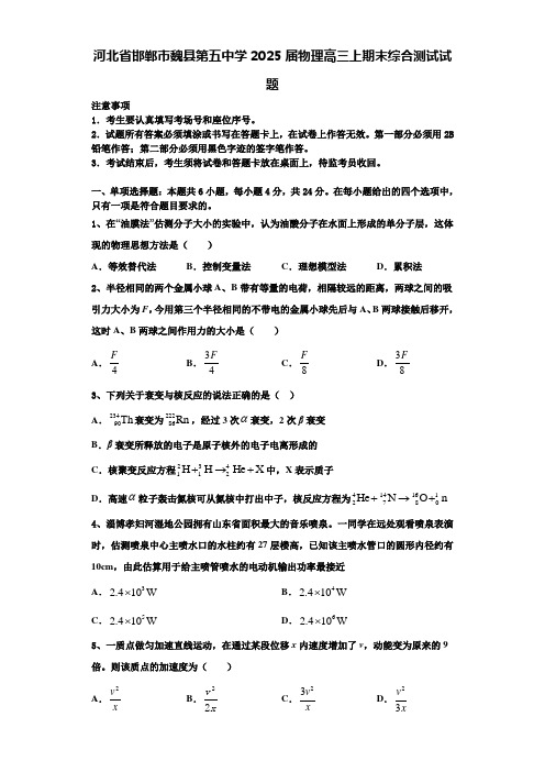 河北省邯郸市魏县第五中学2025届物理高三上期末综合测试试题含解析