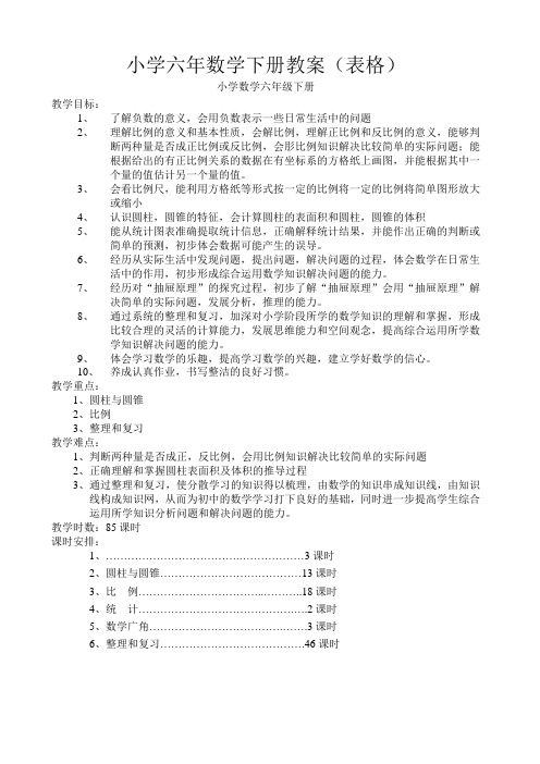 人教版六年级数学教案(下册)【全册表格式】